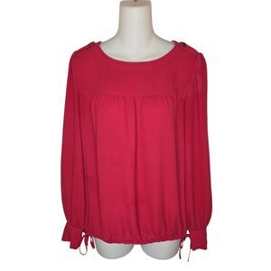 LOFT Red Utility Blouse XS Puffed Sleeve Drawstring Hem Epaulet Button Detail